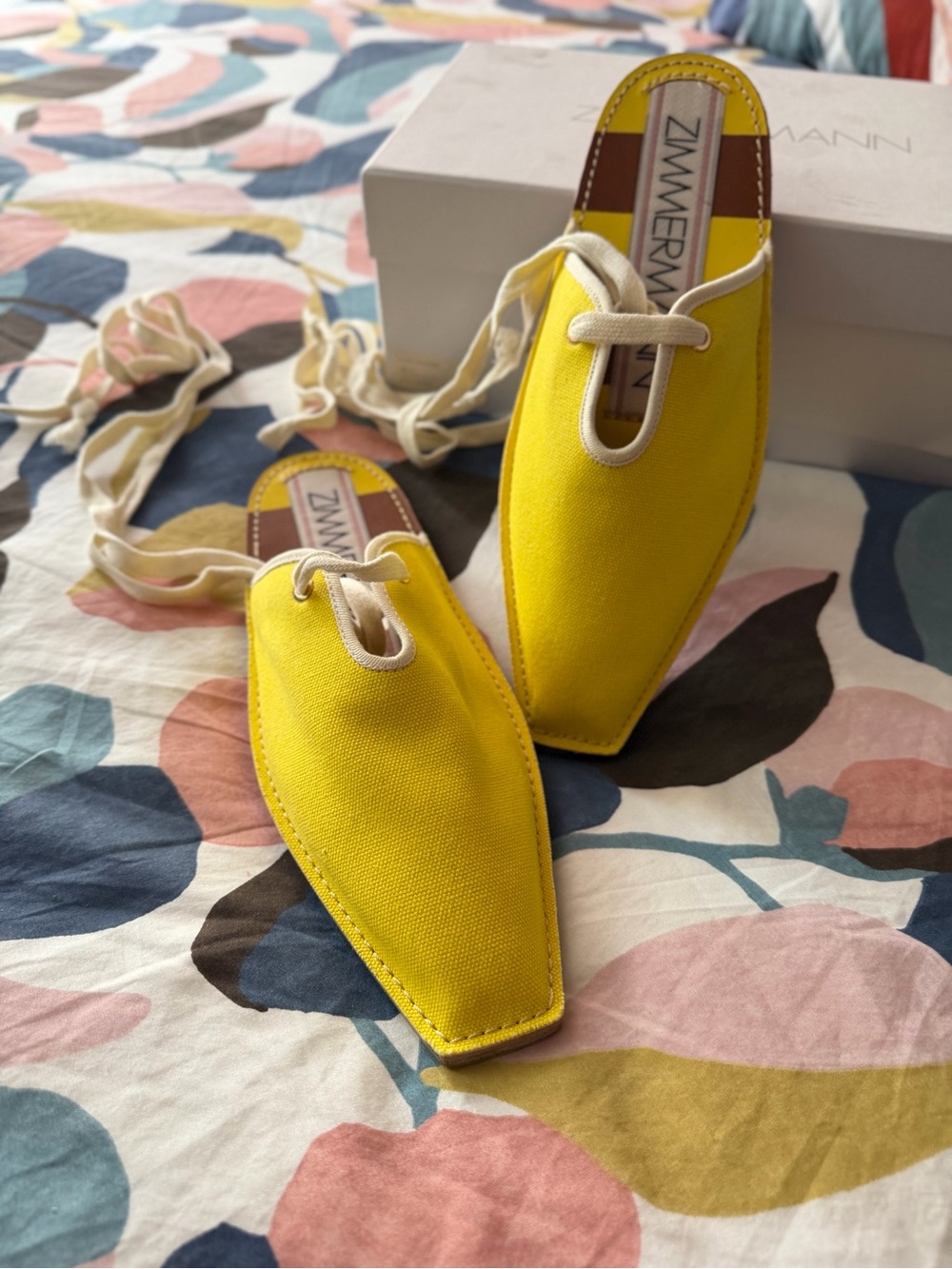 Zimmermann Yellow Canvas Pointed Lace-Up Mules-NWT